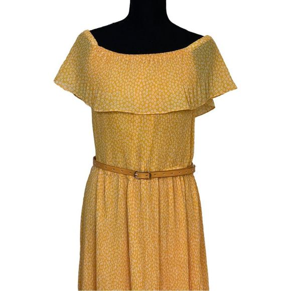 Michael Kors Yellow Midi Dress Size Large Off Shoulder Floral - Picture 2 of 6